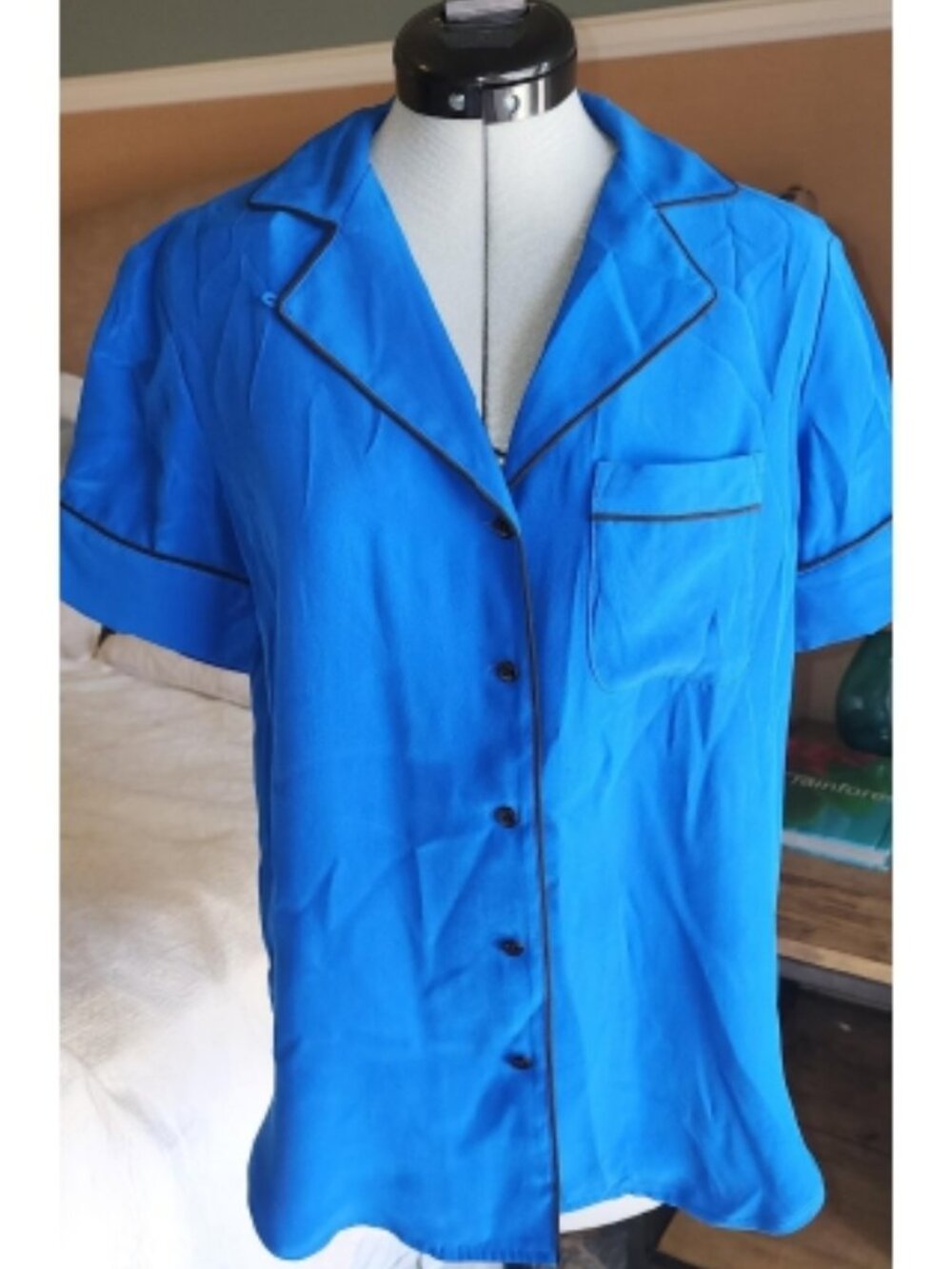 NWT Rag & Bone 100% Silk Pajama Top Blouse Royal Blue Piping XS